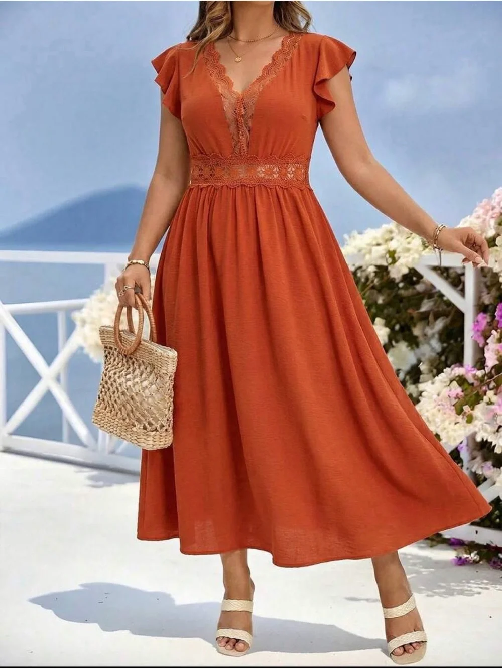 Women's Rust Orange Lace-Trim Midi Dress - Picture 1 of 5